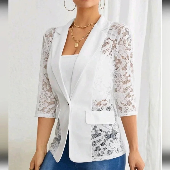 Contrast Lace Flap Detail Single Button Blazer - Picture 5 of 5